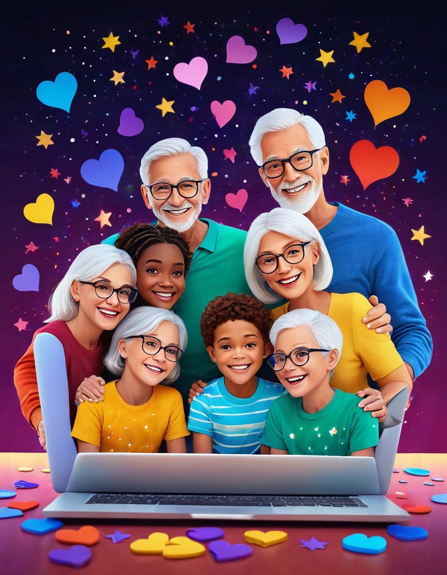 An image of a diverse, happy family spanning multiple generations, all engaged and smiling while looking at a laptop showcasing a brightly colored, animated video. Superimposed icons of play buttons, stars, and hearts symbolize entertainment and engagement. Warm, vibrant colors. super-realistic.