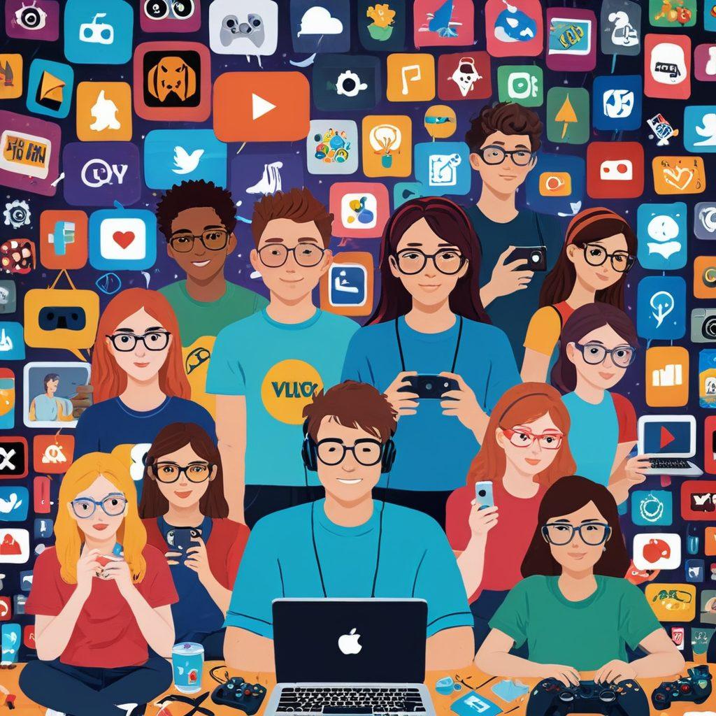 A vibrant collage showcasing teenagers engaging in various activities like vlogging, gaming, and DIY crafts, set against a lively backdrop of a virtual entertainment hub with icons of popular teen apps and video platforms. vibrant colors. vector art.